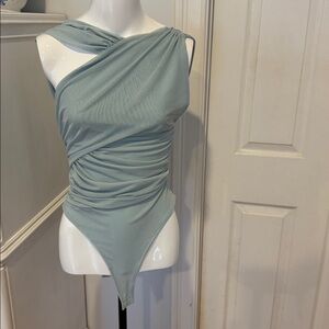 Zara Draped Asymmetric Bodysuit in Light Blue